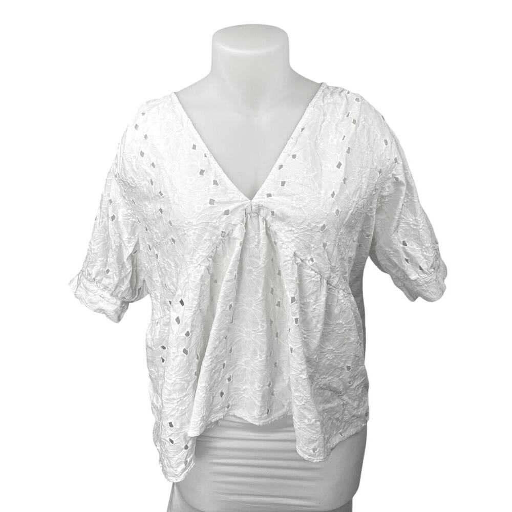 ASOS White Floral Eyelet Embroidered Short Sleeve High Low Blouse Top Size 22